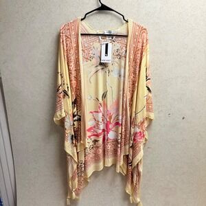 Nine West NWT OS Floral‎ Print Open Front Yellow Peach Boho Light Weight Kimono